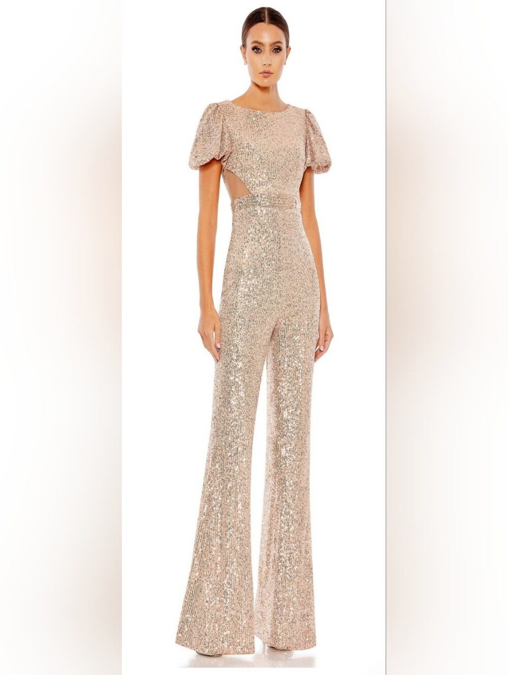 Mac Duggal 11273 Sequin Puff-Sleeve Wide-Leg Jumpsuit in Rose Gold Size 2